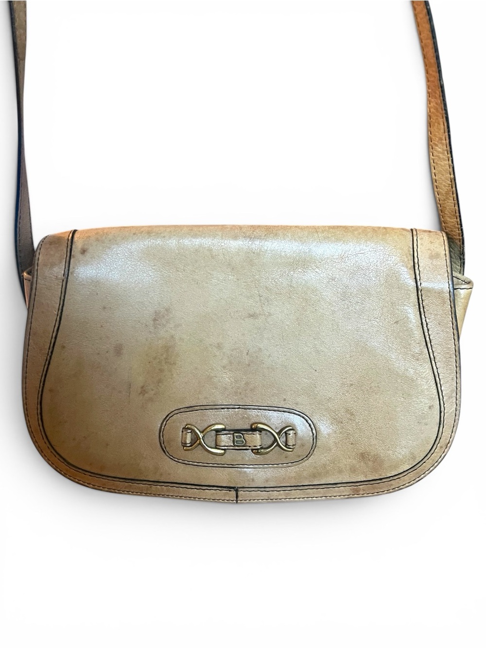 Vintage Bally Leather Crossbody Saddle Bag Tan Gold Hardware Made in Italy